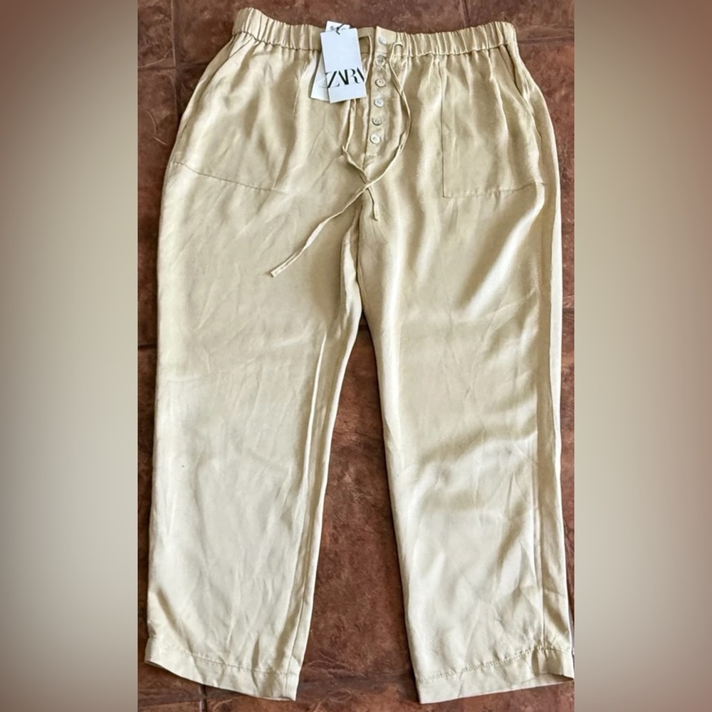 Zara Satin Trousers Drawstring Elastic Waist Button Front Pants Beige Size XL